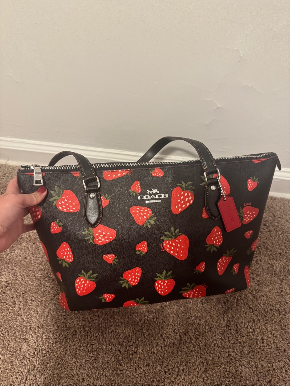 Coach Strawberry Print Tote Bag Black Zip Closure